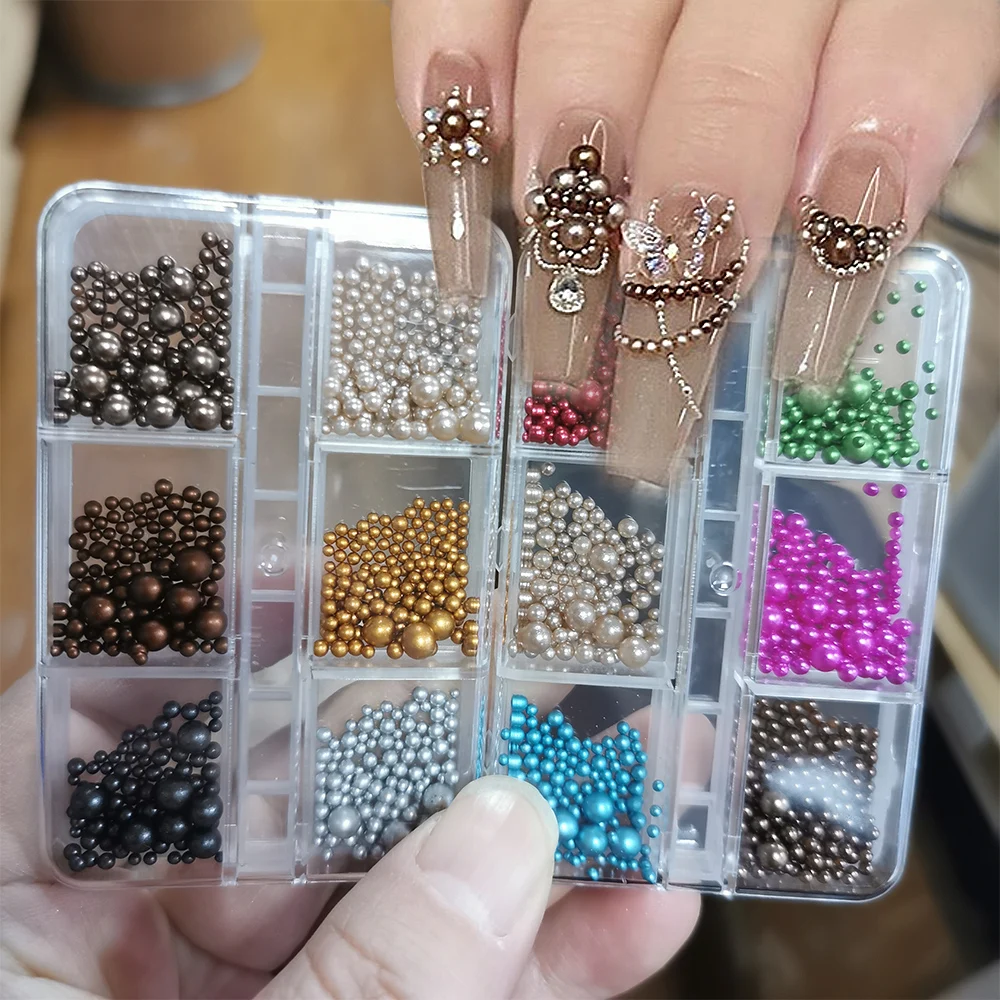 6グリッド3Dミックスサイズカラフルパールネイルラインストーン秋ブラウン/ゴールデン/シルバーキャビアネイルジュエリークリスマスレッドグリーンネイルパール