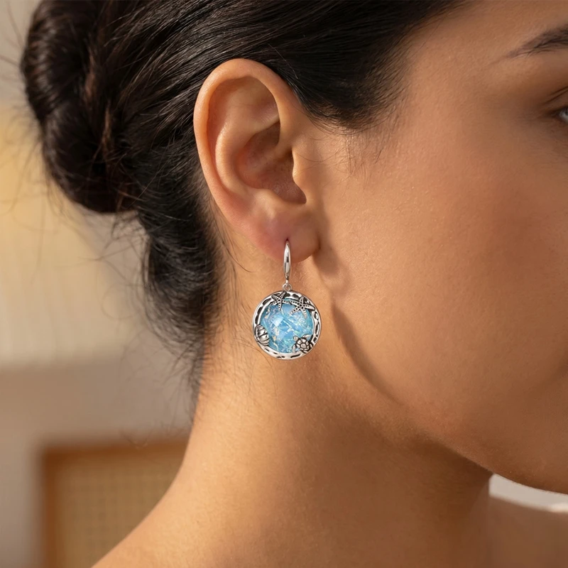 S925 Sterling Silver Ocean Theme Dangle Hook Earrings Turtle Starfish Shell Blue Opal‑Effect Crystal Drop Earring Jewelry Gift