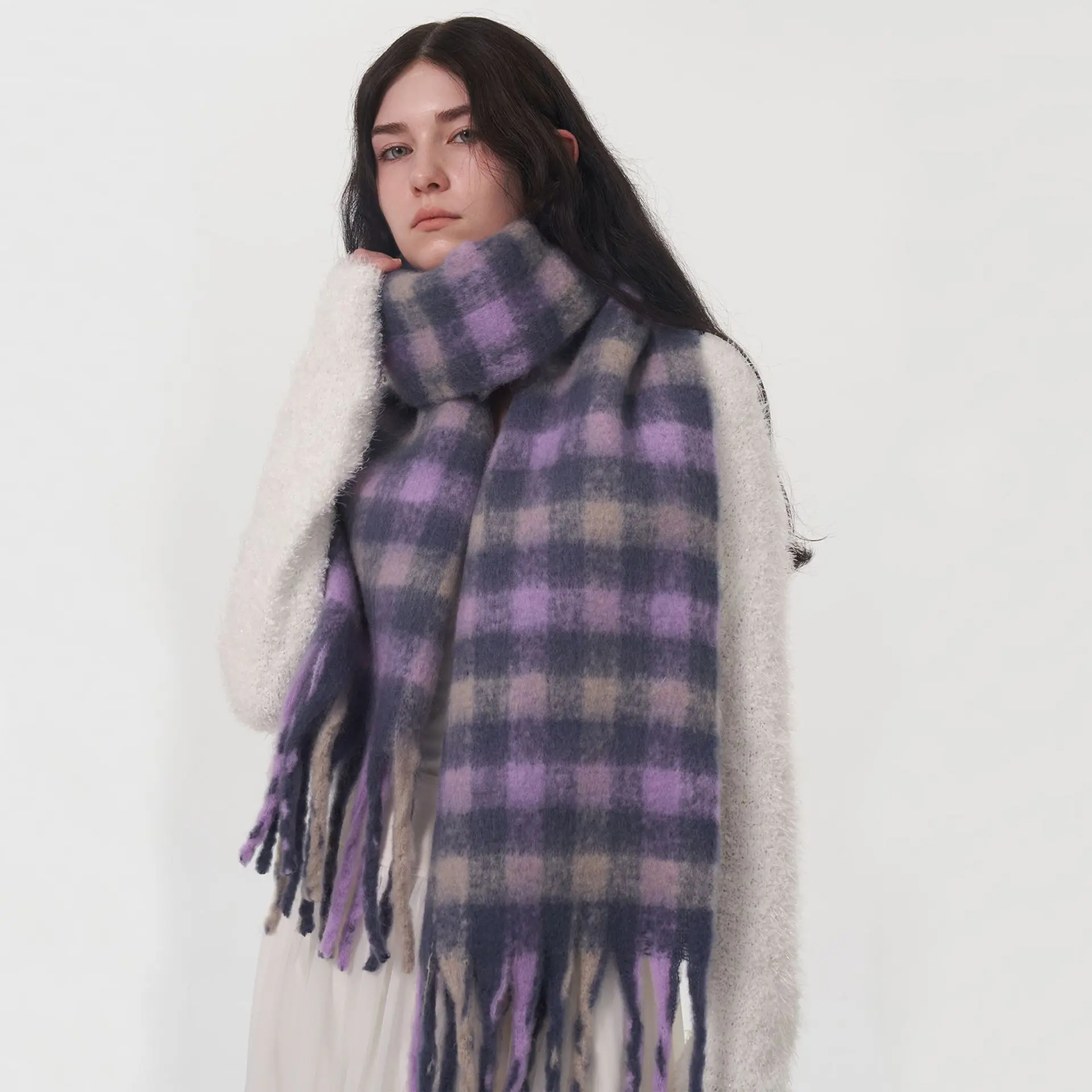 Winter Warm Women\'s Scarf Purple Plaid Thicken Shawl New Fashion Cashmere Cape Wraps Large Size echarpe femme hiver bufanda