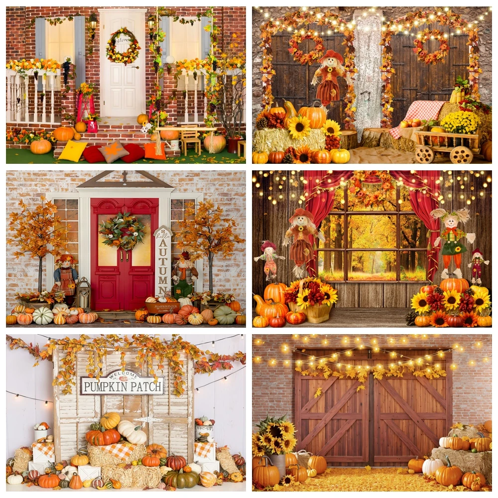 Autumn Scene Backdrop Pumpkin Maple Leaves Window Barn Door Haystack Fall Baby Shower Kids Portrait Photography Background Props