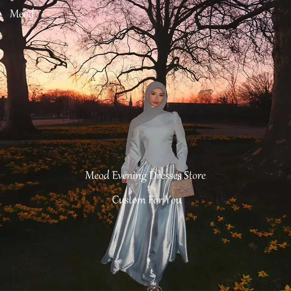 

MEOD Sky Blue Vintage Muslim Women's Evening Gowns Long Sleeve Satin Dubai Abendkleid Elegant A-line Prom Dress Customized