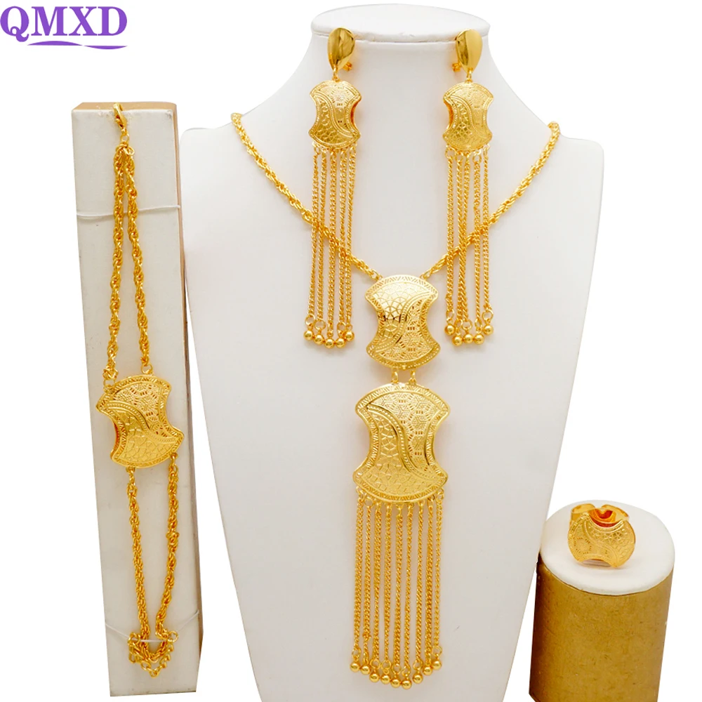 

Ethiopia Jewelry Sets Dubai Bride Long Tassel Necklace Earrings Ring Bracelet Sets African Gold Color Wedding Gifts