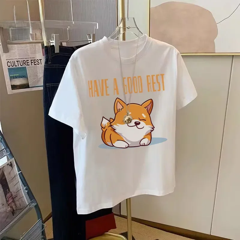 

Cotton Original Design Cartoon Creativity Take a Good Rest corgi Printed Men and Women Summer Relaxed Round Neck Top y2k Clothes