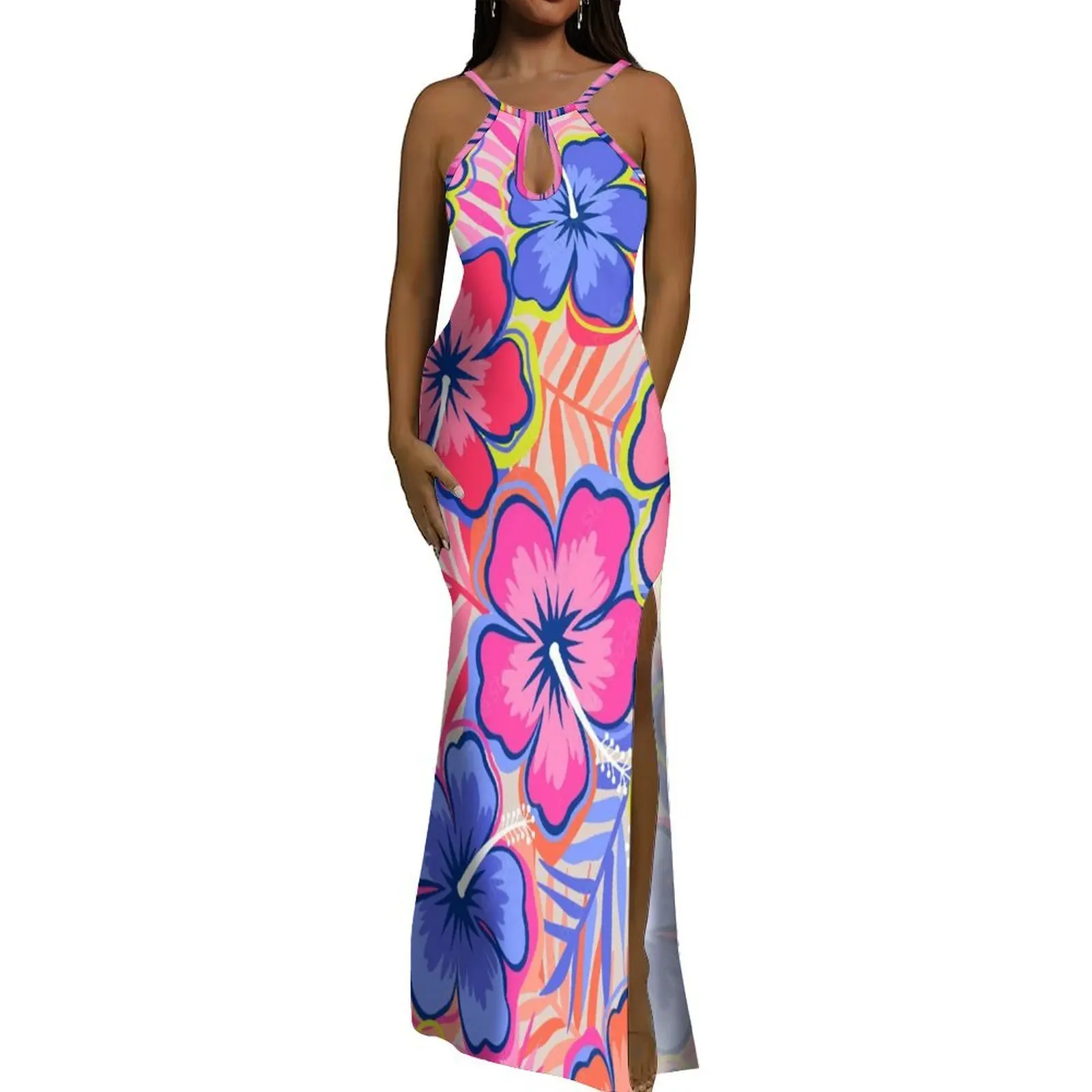 Vestido largo hasta el suelo con forma de gota de agua y cuello Halter para mujer polinesia, vestido de noche con patrón Floral hecho a medida, impresionante vestido de verano