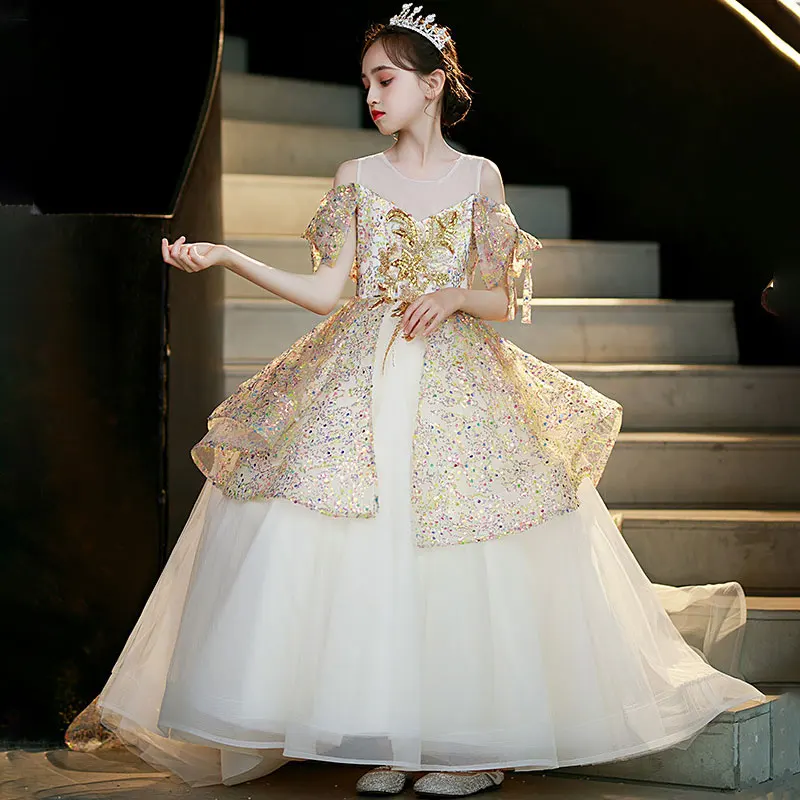 Kids Girls Luxury Elegant Banquet Dress Little Girls Glitter Sequin Cocktail Prom Dresses 3-14 Years Teen Girls Performance