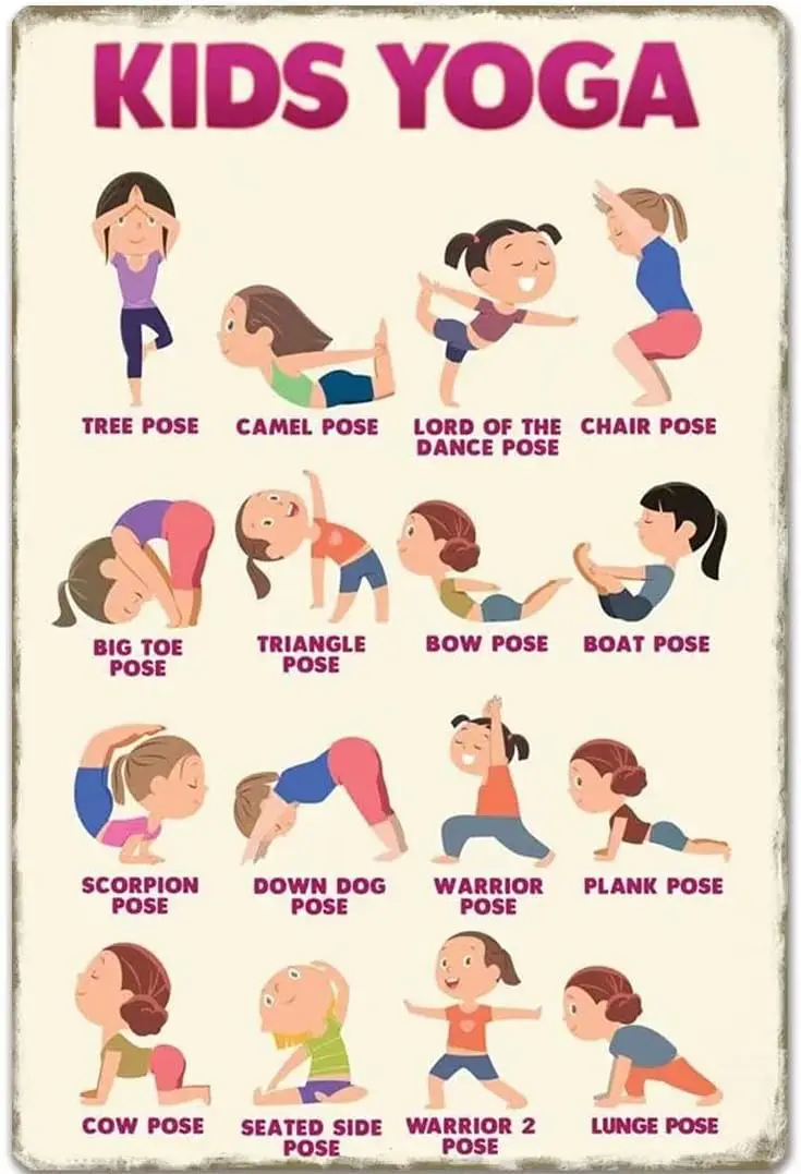 Kids Yoga Pose Diagrams Metal Tin Signs Yoga Studio Guide Posters Yoga Lovers Reference Infographic Plaques Club Home Bedro sign