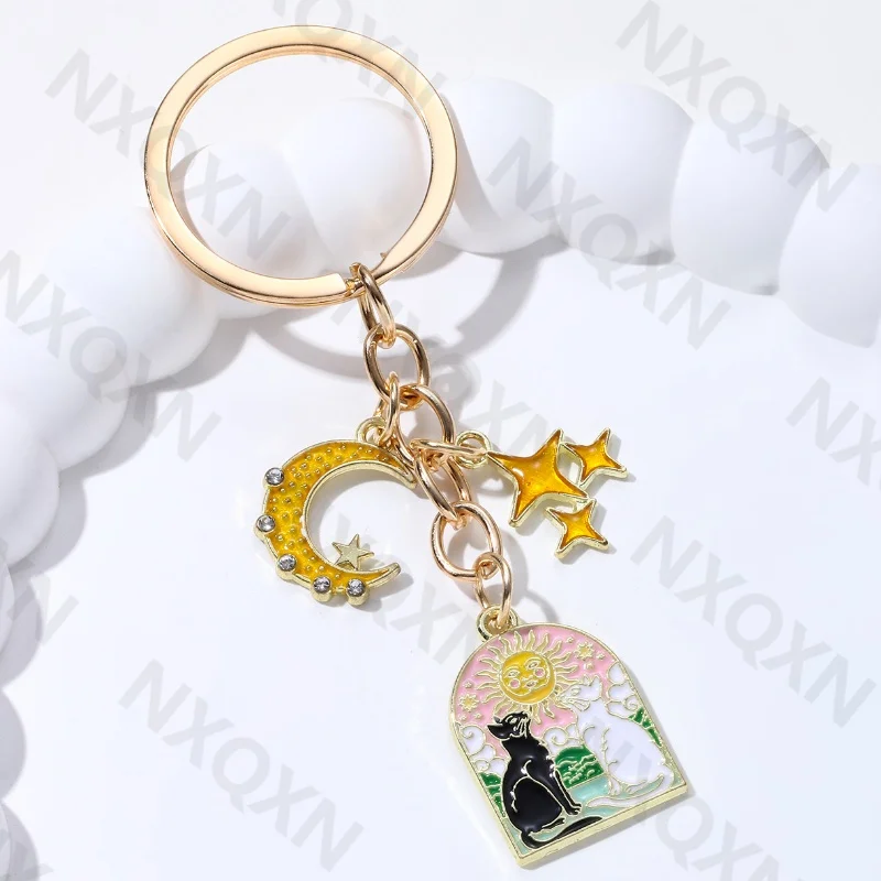 Mysterious Sun Moon Star Cat Enamel Keychain Cartoon Animals Natural Key Ring For Women Men Friendship Gift Handmade Jewlery Set