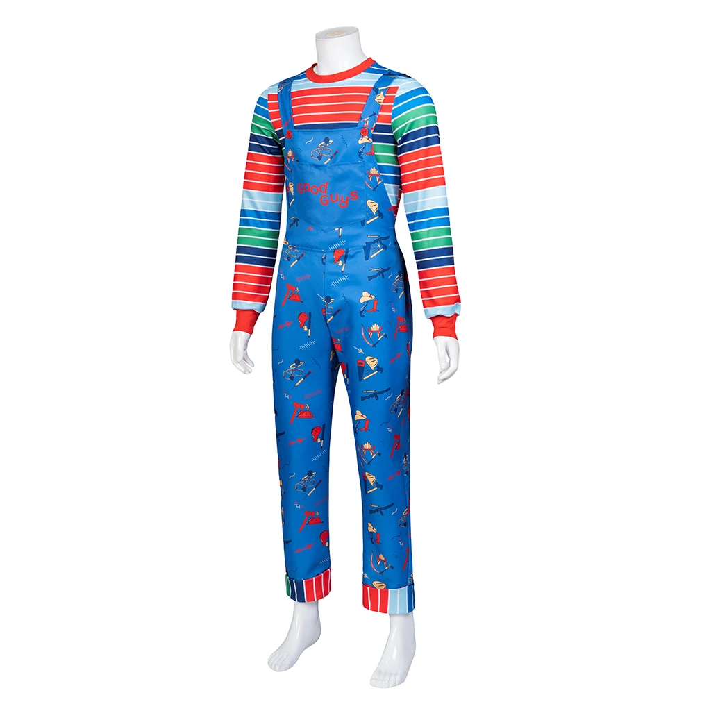 Halloween Carnival Adult Men Scary Chucky Cosplay Costume Horror Movie Killer Doll Rainbow Striped Top Pants Outfits