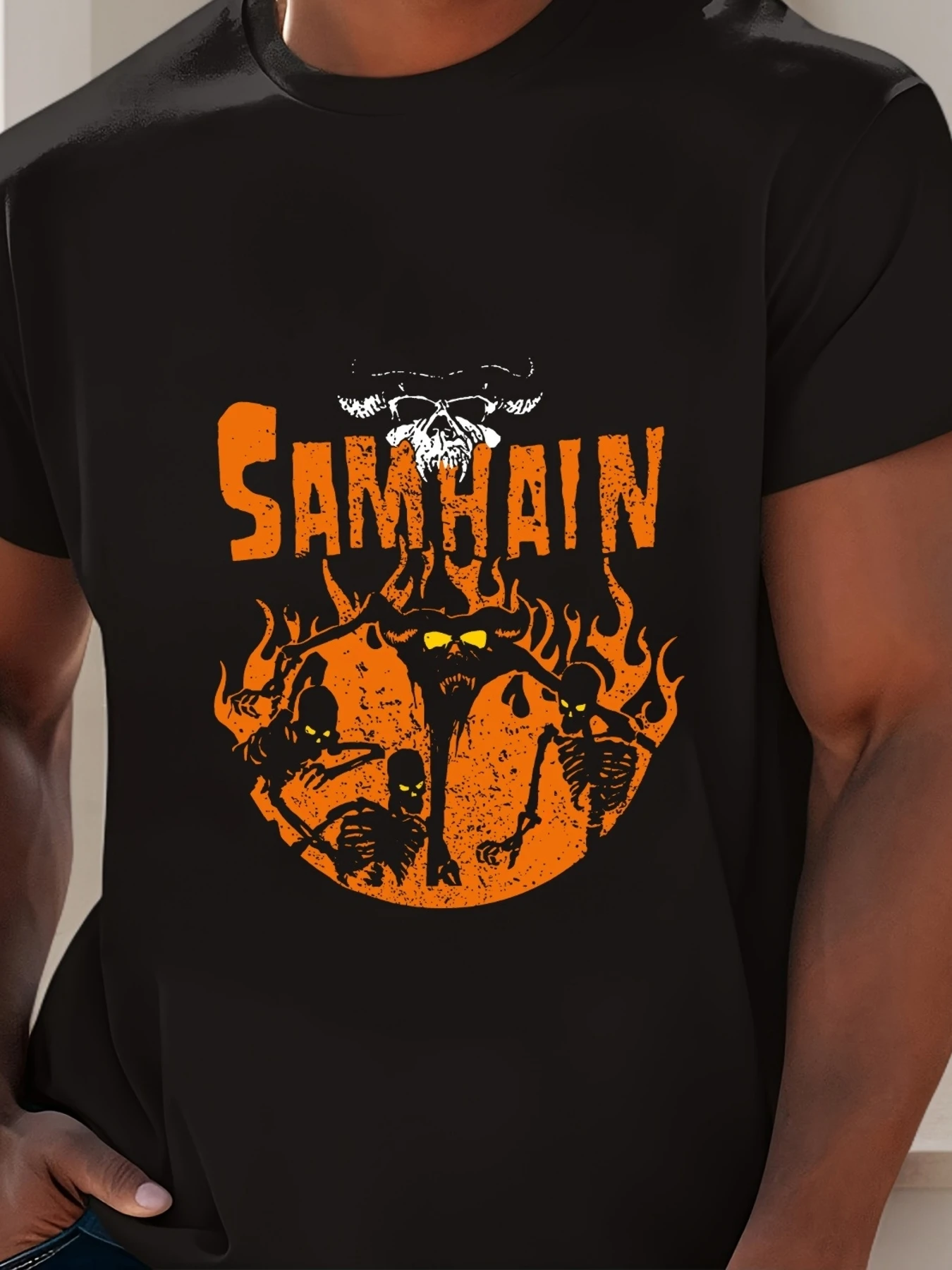 

Men'S "Samhain" Graphic Tee - Casual Black Cotton T-Shirt with Orange Yellow Flame Design, Short Sleeve Round Neck for Summer