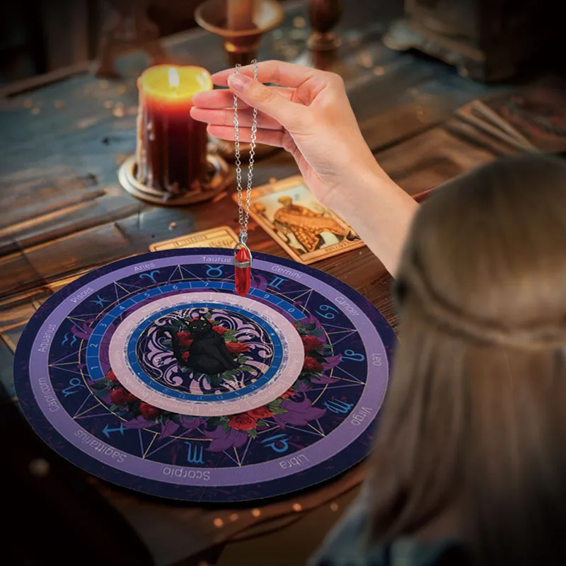 Black Cat Pendulum Mat Decision Mat for Twelve Constellations Tarot Card Mats Decorative Ornaments 1PC