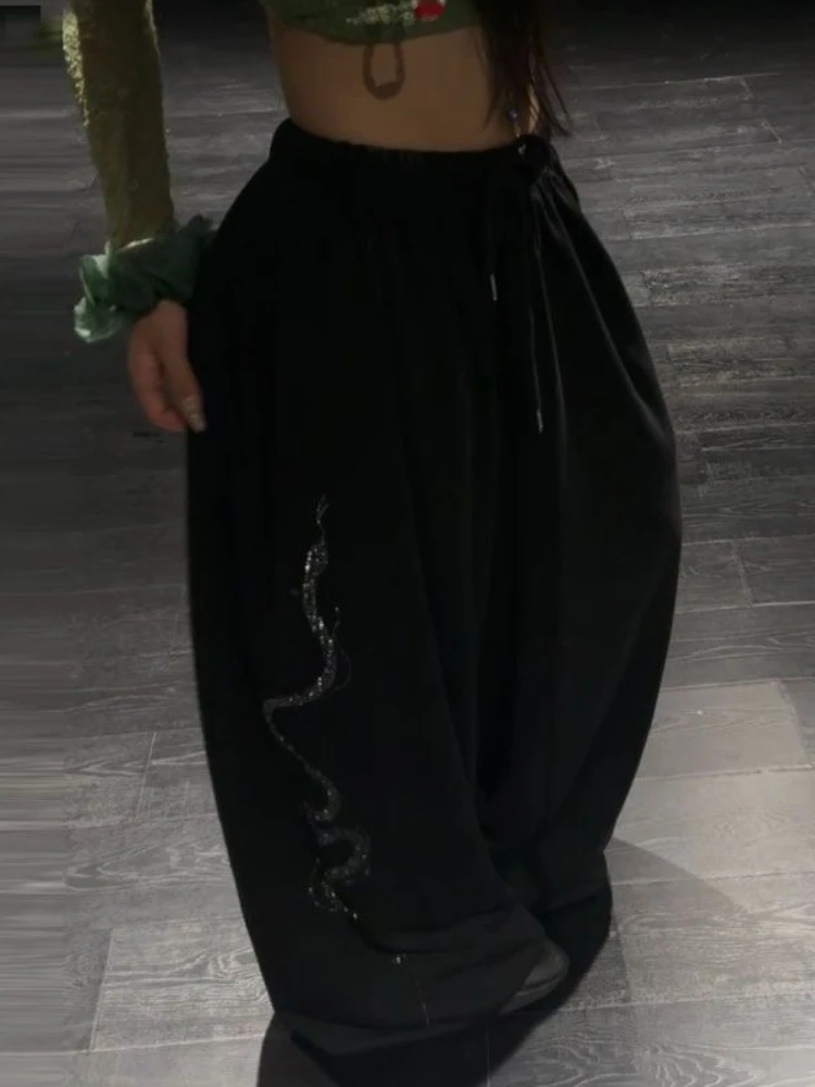HOUZHOU Vintage Casual Rhinestone Pants Women Gray Baggy Hip Hop Harajuku Oversized Trousers Black Retro Wide Leg Sweatpants
