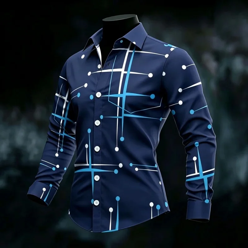2026 new men's solid color geometric line shirt fashionable street versatile long sleeved shirt business casual men's