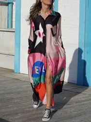 Turn Down Collar Casual Women Patchwork Long Dress Colorful Print Office Lady Loose Dress Maxi Long Sleeve Button Shirts Dresses