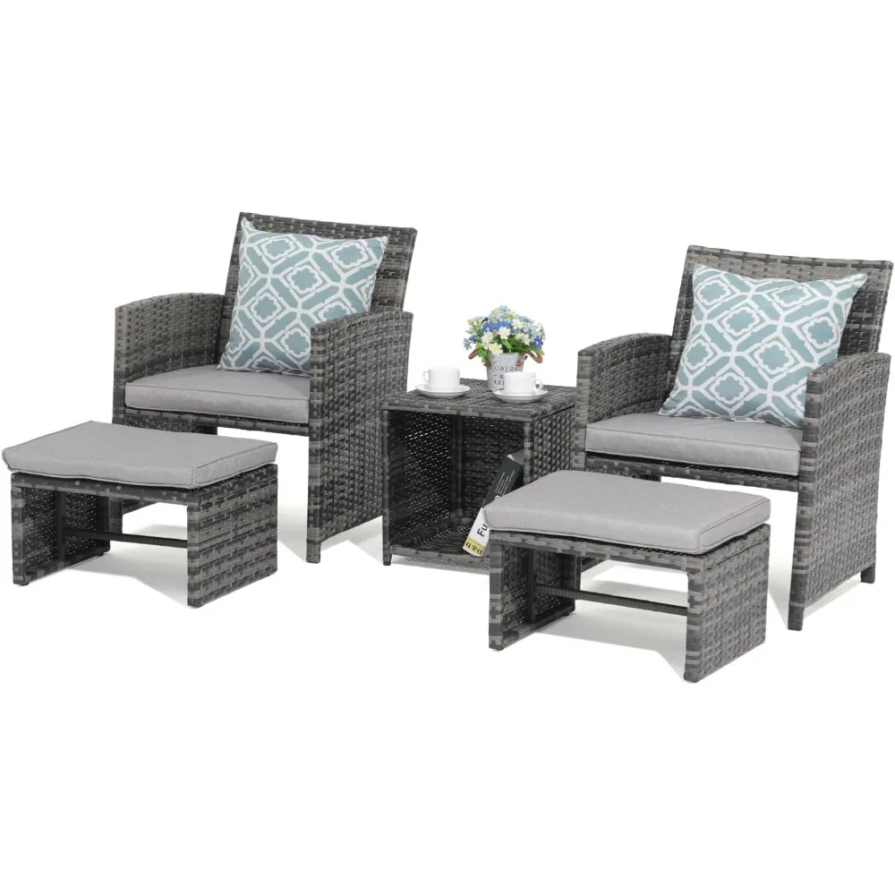 Outdoor Wicker Patio Furniture Set, Chairs and Ottoman, Coffee Table, Pillows Included, Balcony, 5 Pcs