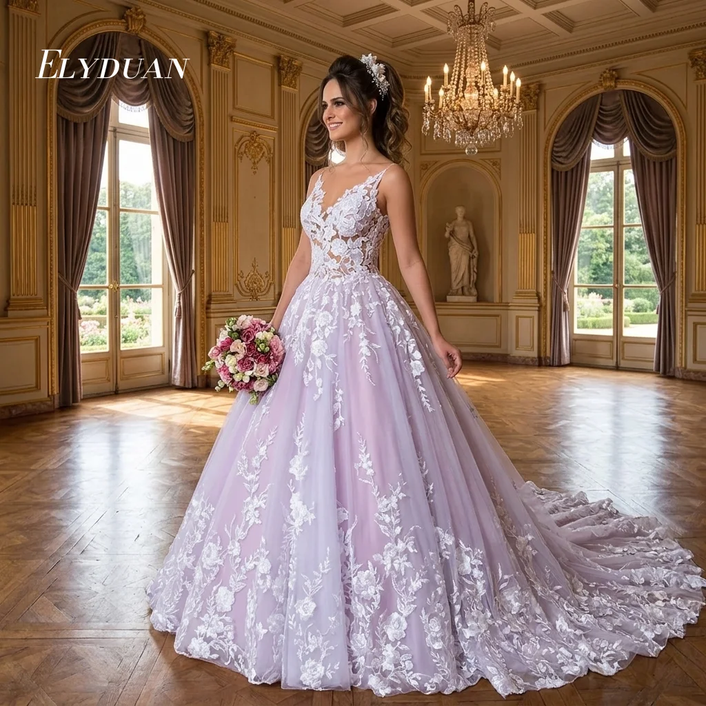 Vestido de Novia Lila Marfil con Tirantes Finos, Escote en V Profundo, Apliques de Encaje Floral, Corte en A, Cola Larga, Elegante, Personalizado