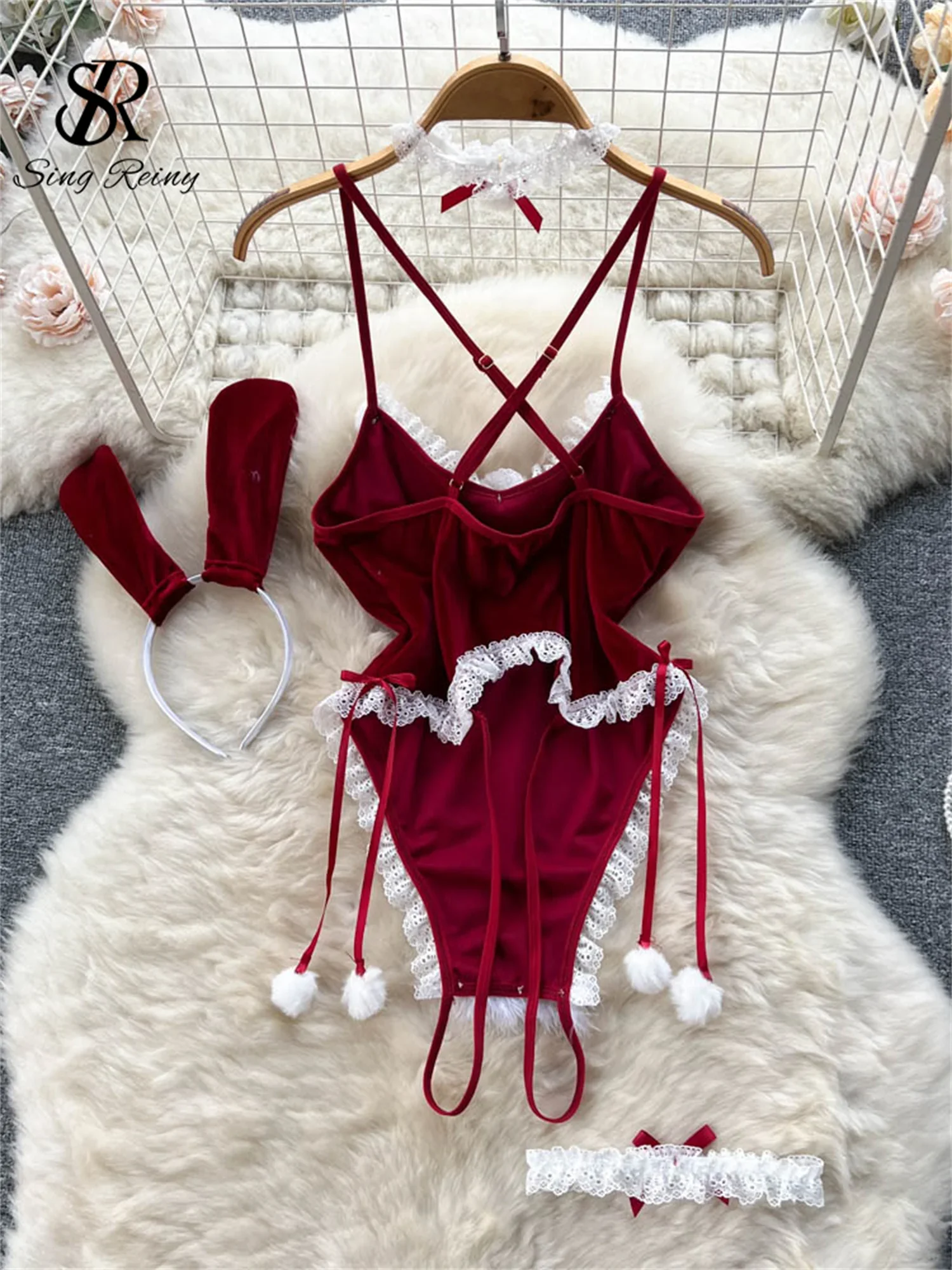 SINGREINY-body erótico de Navidad Porno para mujer, ropa de dormir ajustada con tirantes de piel y empalme de encaje, mono Sexy de sirvienta de conejo 2023