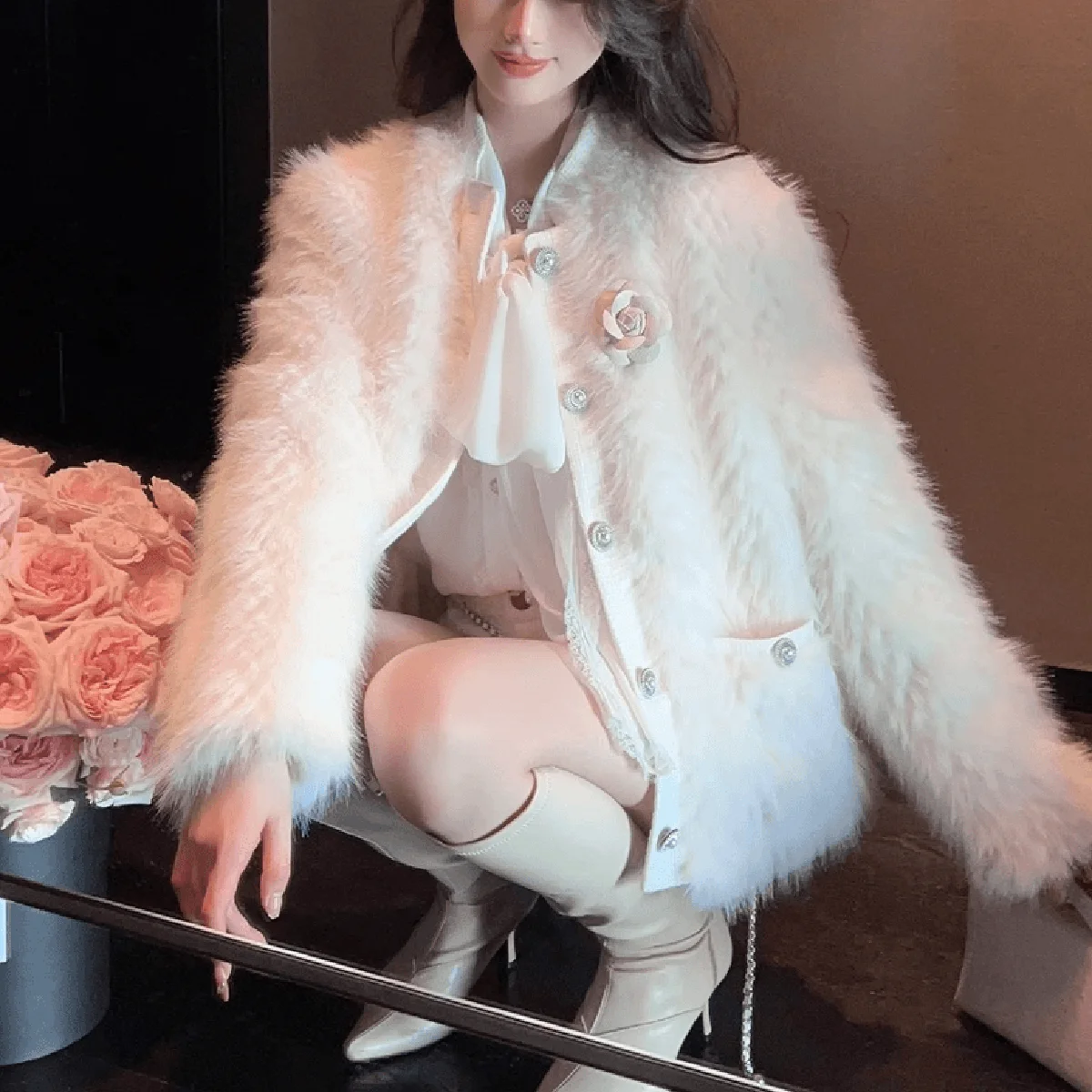 

Winter 2025 White Fur Jaet Women's ort Thiened Small Fraance Fur Coat Warmth 3D Effect Stand Version Long Sve