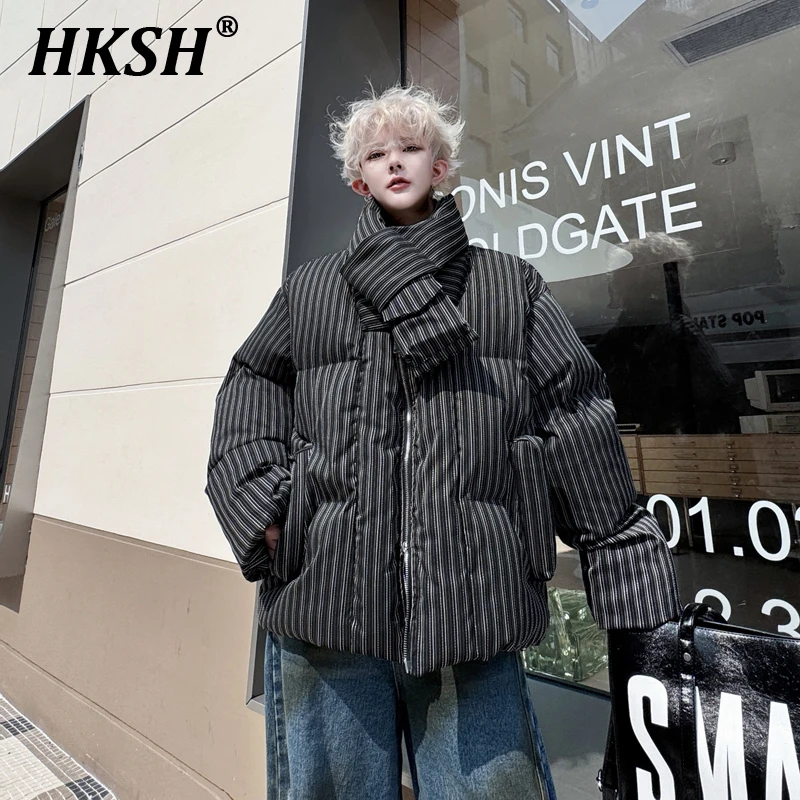 HKSH 2024 Autumn Winter New Men's Tide Punk Striped Scarf Decoration Collarless Padded Coats Elegant Thick Cotton Jackets HK3251