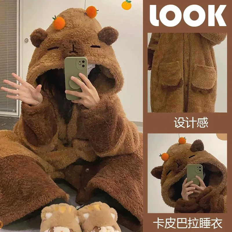 

2024 Winter HOT Capybara Pajamas For Girls Hooded Coral Velvet Cartoon Cute Style Sleepwear Pants Birthday Gift Warm Clothing