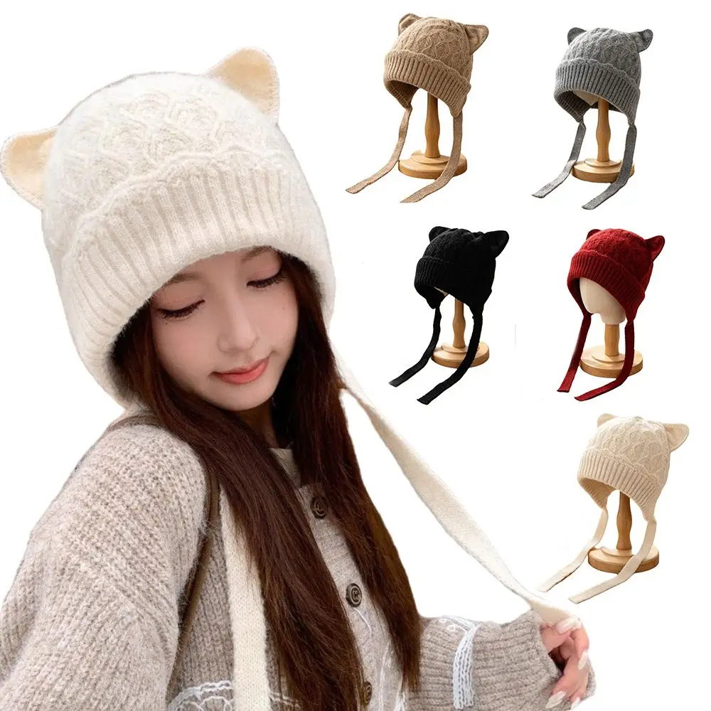 Solid Color Cat Ear Beanie Keep Warm Cold Proof Winter Tie Strap Beanie Windproof Thickened Knit Earflap Hat Casual Dating