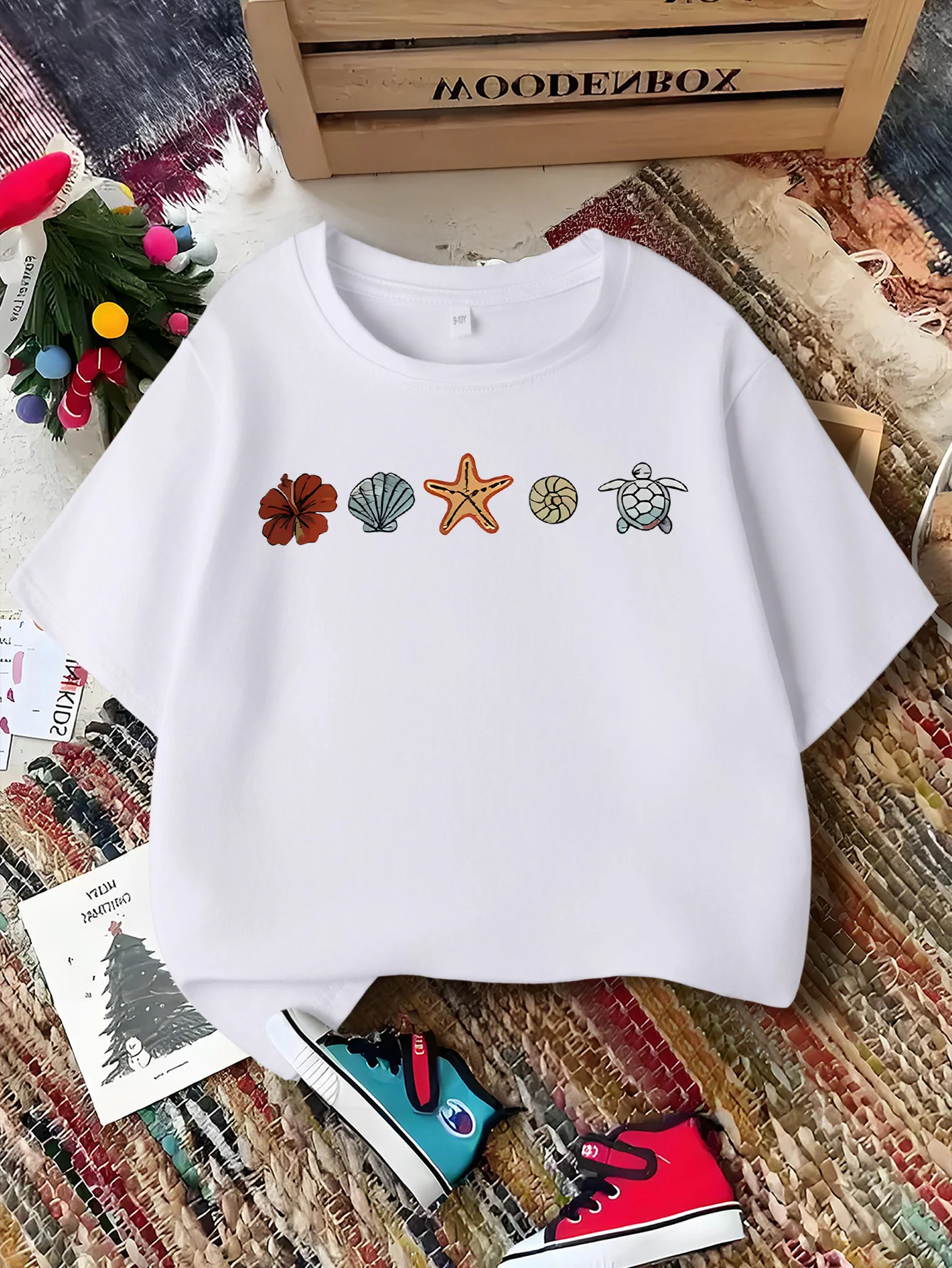 Marine Shell Starfish Turtle Print Kids Boys Girls Family Matching Short Sleeve Soft Breathable Daily Parent Child Comfort Tops
