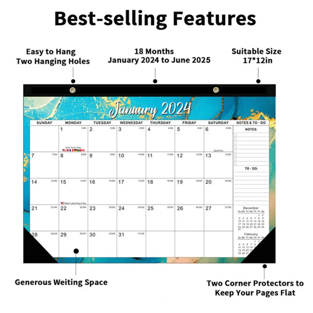 Calendário de parede com design atraente, durável, fácil de ler, 18 meses desktop, Inglês, 2024.1-2025.6