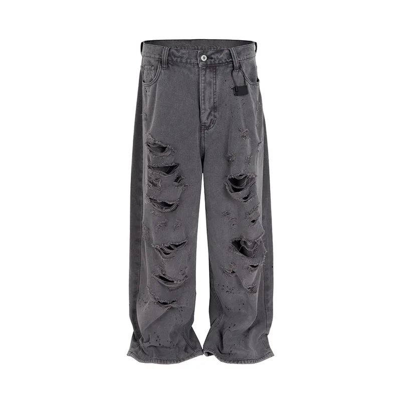 

Двухслойные мешковатые джинсы Harajuku для мужчин, уличная одежда с широкими штанинами, свободные джинсовые брюки с рваными дырками, большие брюки-карго