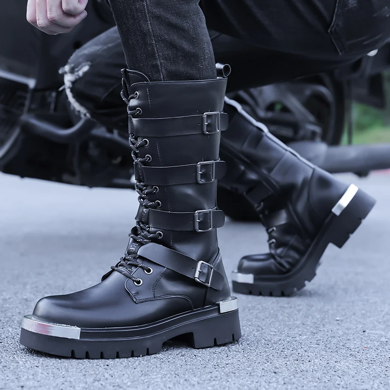 Men High Top Motorcycle Boots Metal Anti Kick Design Thick Sole Personalized Belt Buckle European American Fashion Boots