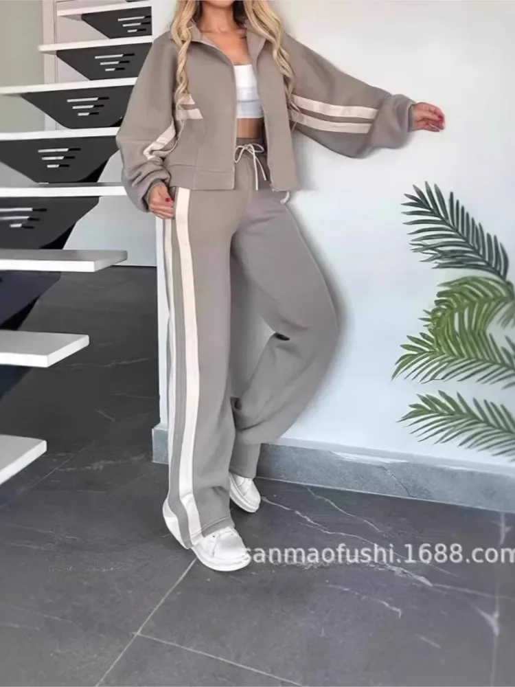

Striped Zipper Coat+sweatpants 2 Piece Set Women Spring Casual Batwing Sleeve Sports Jacket Outfits White Sweatshirt Suit