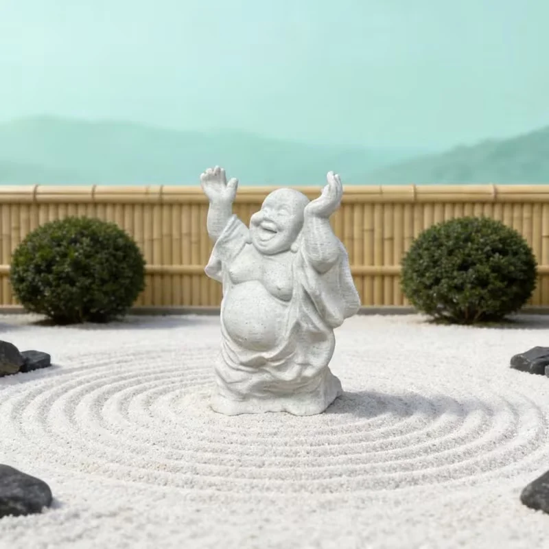 Newest 3D Printed Laughing Buddha Statue with Raised Hands Sandstone Happy Buddha Sculpture Zen Garden Table Decor Ornament