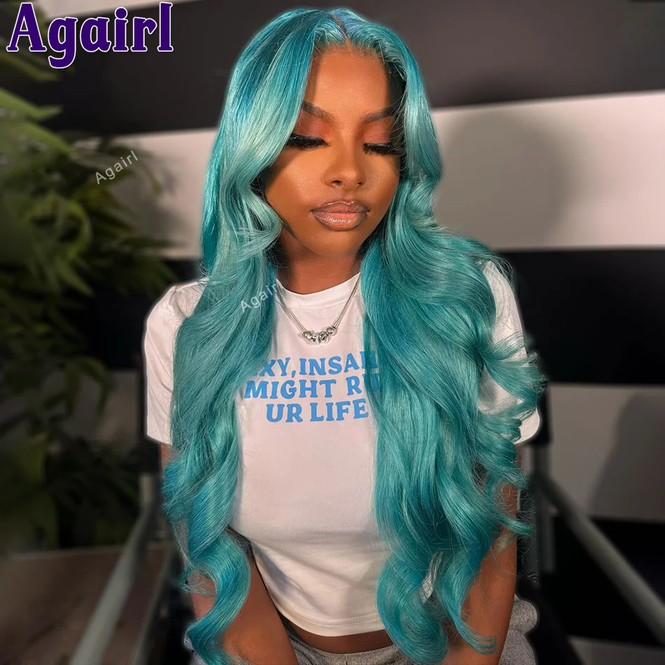 

200% Light Mint Green 13x6 13X4 Lace Frontal Human Wigs PrePlucked Sky Blue 613 Colored Body Wave Lace Front Wig for Black Women