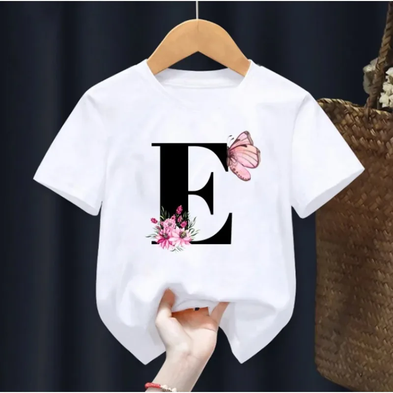 T-shirt imprimé lettres roses et papillons pour fille, vêtement décontracté, à la mode, nouvelle collection