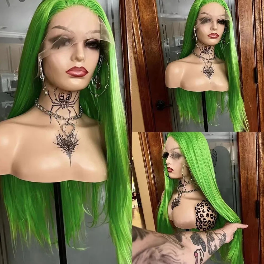 Green 13x4 Hd Synthetic Lace Front Wigs Bone Straight Glueless Colored Wear To Go Preplucked Invisible Hairline For Women Wigs