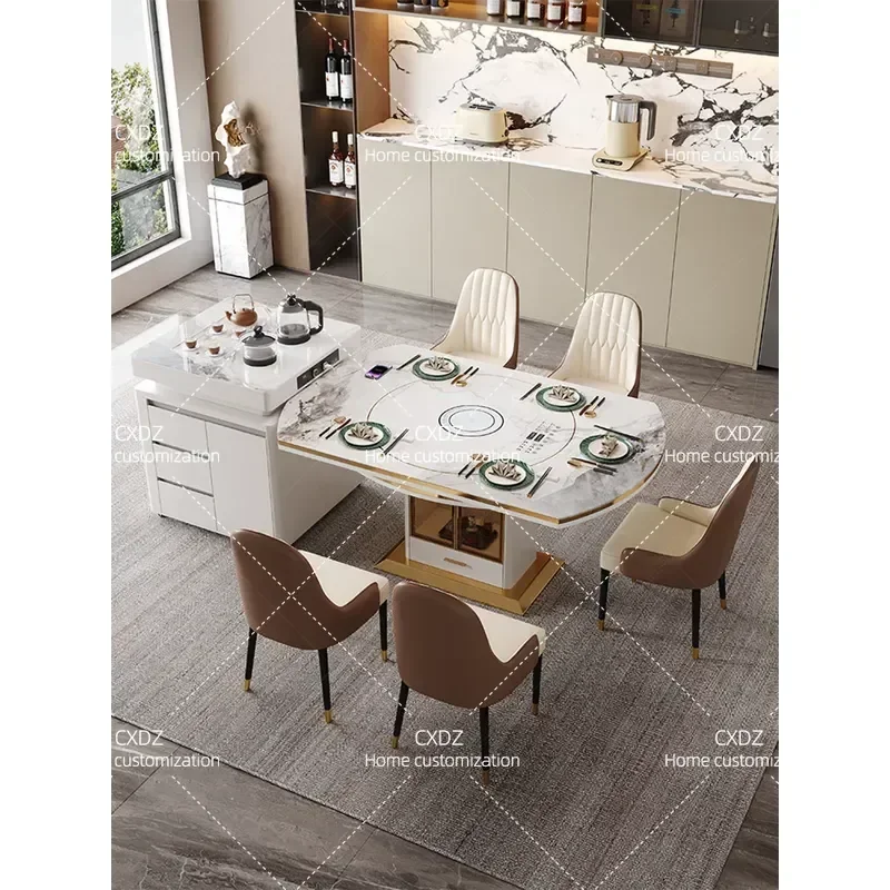2026 New Telescopic Island Dining Table with Integrated Induction Cooker Light Luxury Multi Functional Rock Slab Household