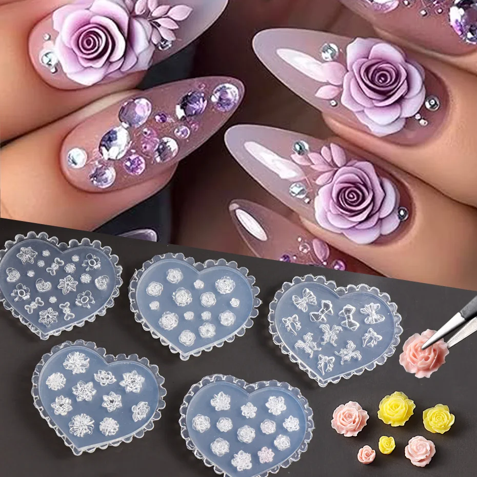 Flower Nail Art Stencil Silicone Carving Mold Rose Butterfly 3D Embossed Mould Relief Template Mini Nail Molds Manicure Art Tool