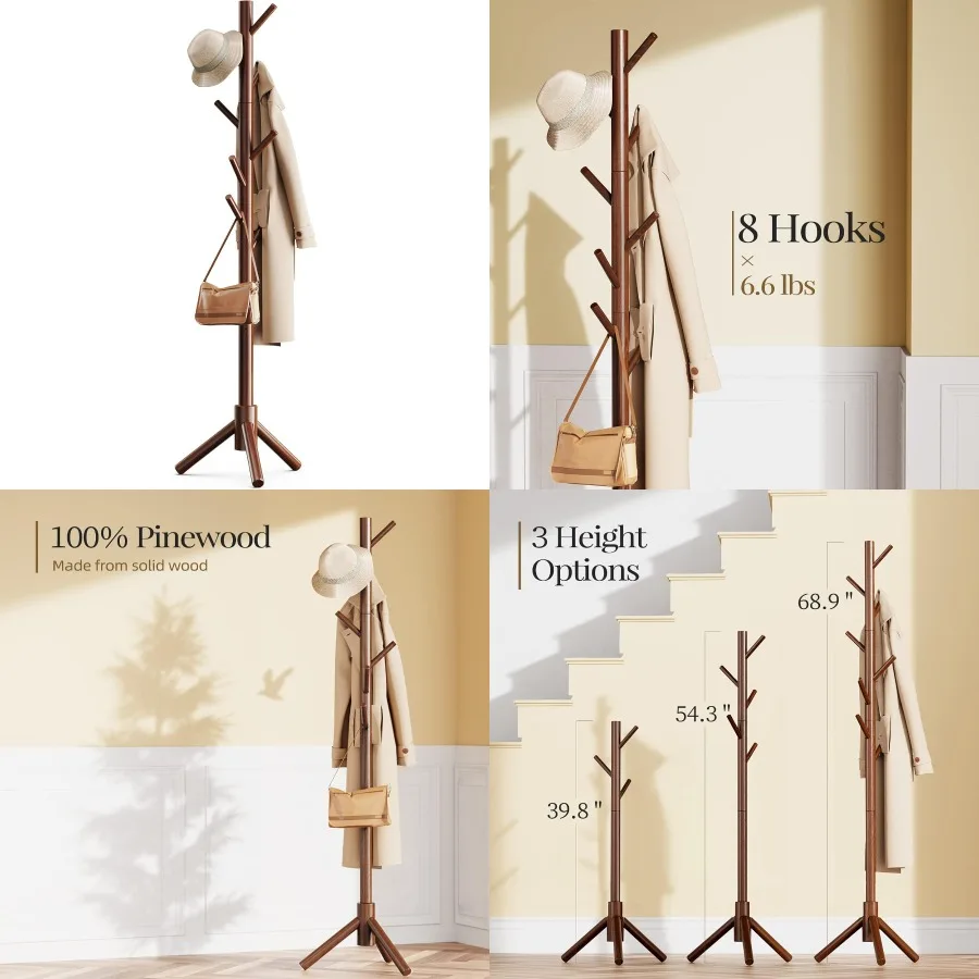 Sturdy Wooden Coat Tree with 8 Hooks and 3 Adjustable Height Settings Ideal for Organizing Clothes Hats and Accessories in Bedr