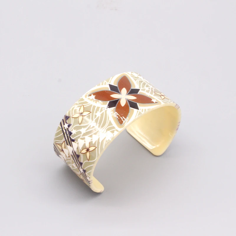 1Pcs Ethnic Color Flower Plant Painted Bangle Cuff Bracelet Women Acrylic New Fashion Retro Open Big Wide Bangle Wedding Jewelry