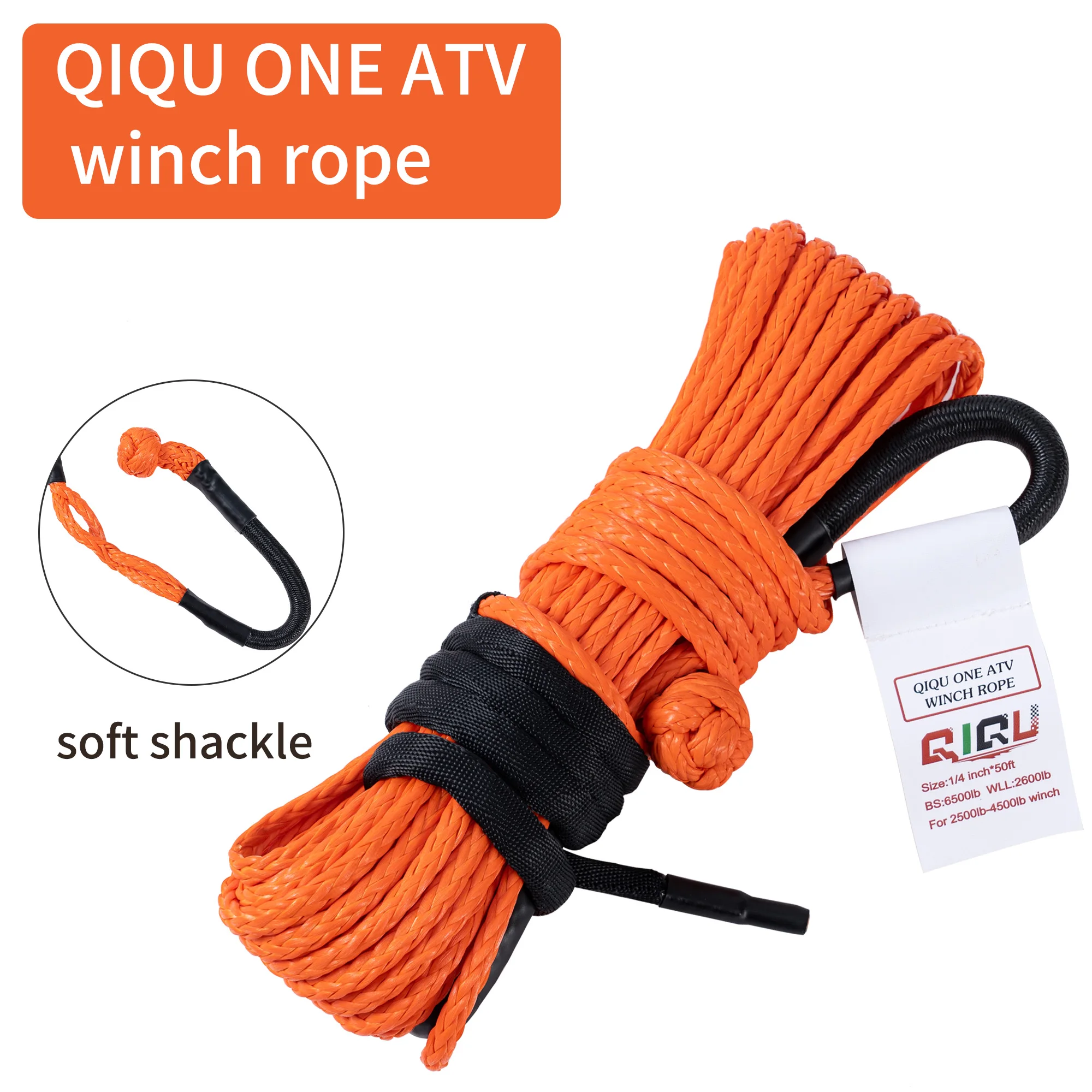 ONE ATV Winch Rope Cable with Soft Shackle (1/4 inchx50ft)