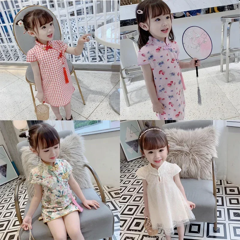 Summer Children Tang Modern Qipao Kids Cheongsam Girl Dress Traditional Chinese Clothes Baby Vestidos Hanfu Girls Casual Dresses