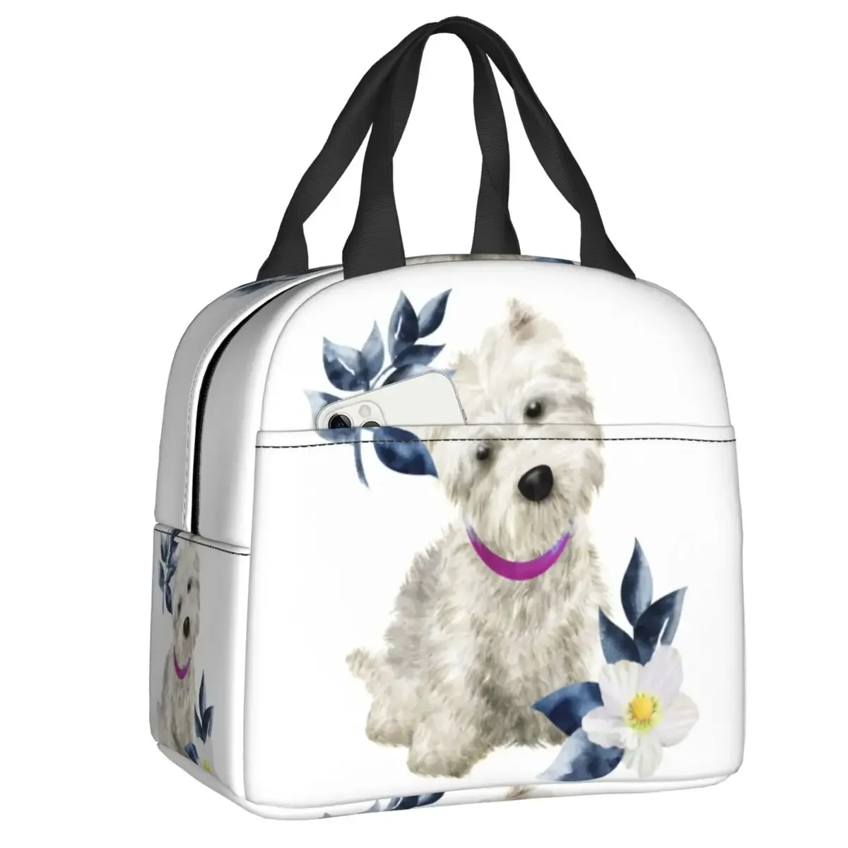 Westie Flowers Thermal Insulated Lunch Bag West Highland White Terrier Dog Resuable Lunch Tote for School Multifunction Food Box