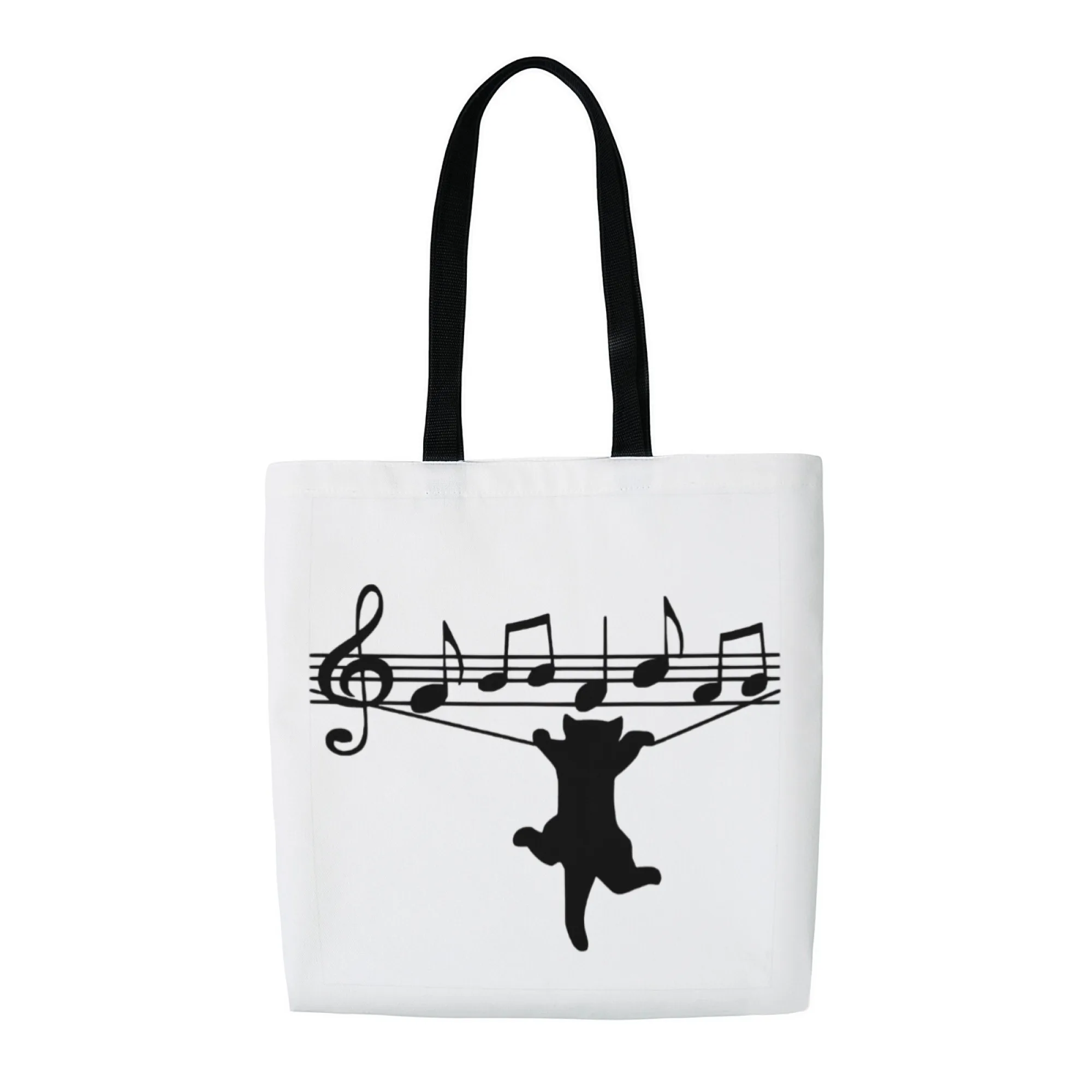 

Cute Playful Aesthetic Tote Whimsical Black Cat Playing Music Notes & Clef Tote Bag for Women Durable Reusable Beach Travel Bag