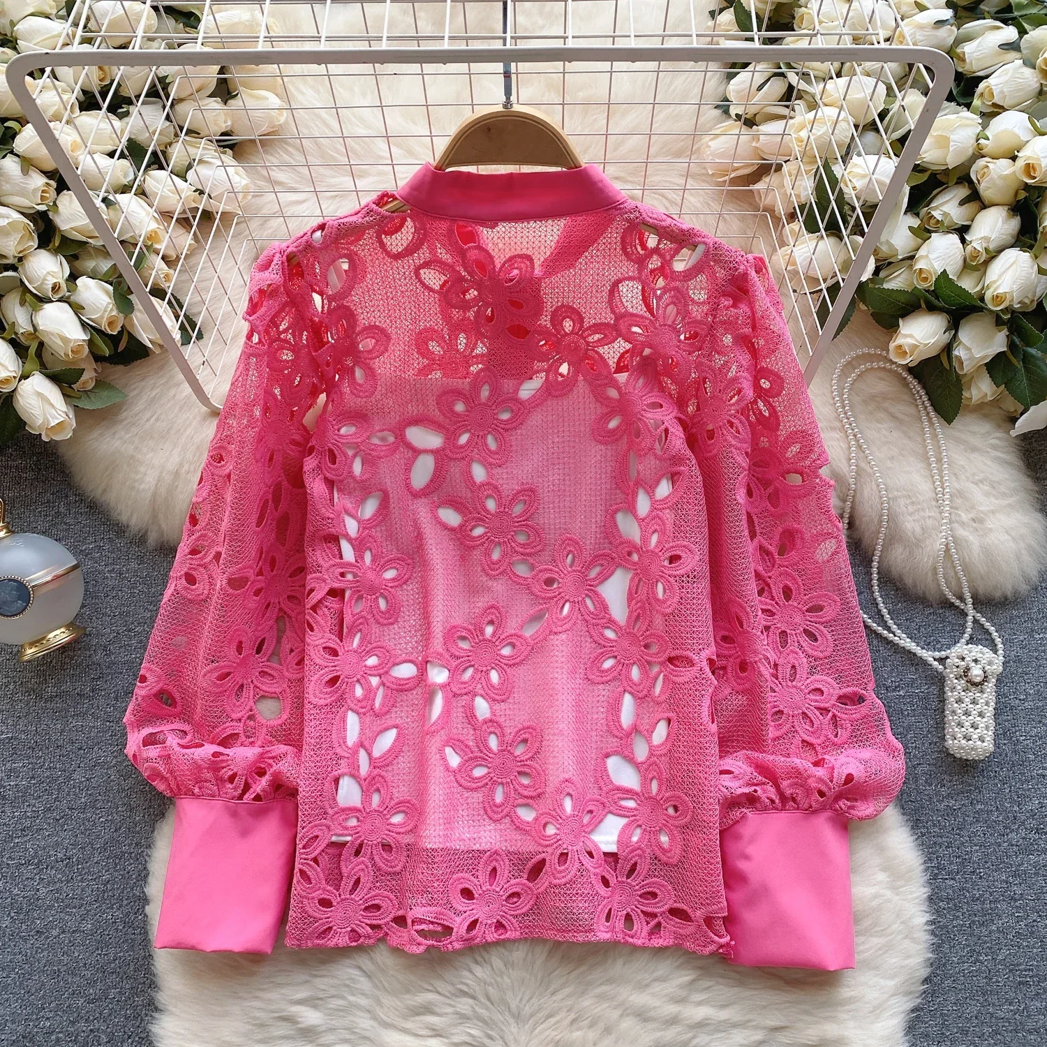 Chic O-neck Long Sleeve Hollow Out Beading Gauze Lantern Sleeve Elegant Fashion Sexy Shirt Spring Autumn Women Blouse Women