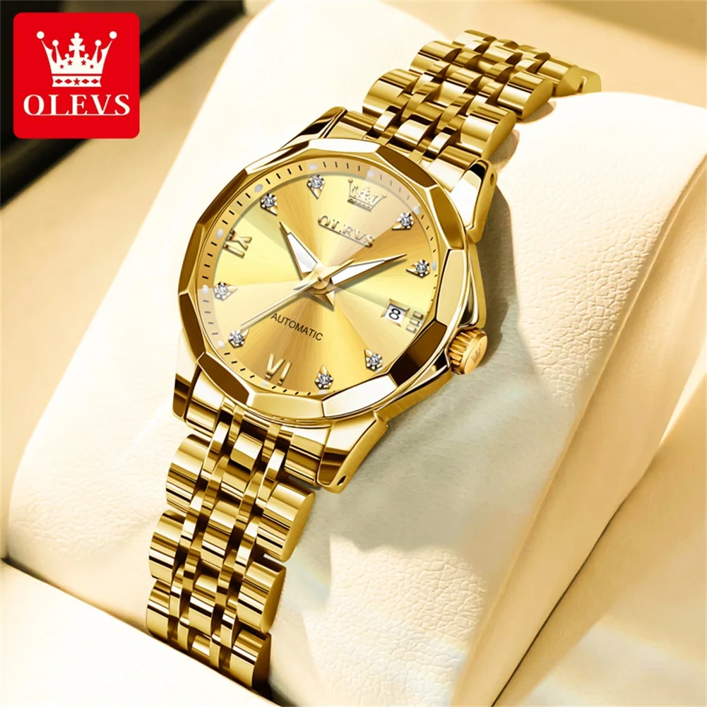 OLEVS 9982 Fully Automatic Mechanical Watches For Women Fashion Rhombus Mirror Waterproof Date Elegant Ladies Dress Wristwatches