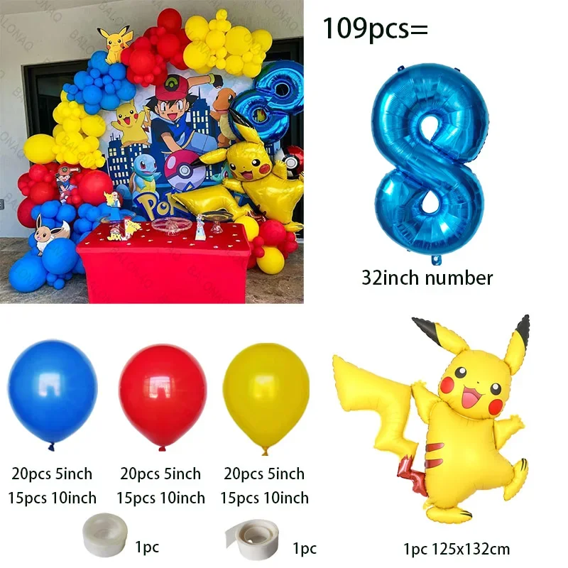 109 Stück Pokemon Pikachu Thema Geburtstagsballon Stehend Pokemon Babyparty Globos Kinder Erster Geburtstag Dekorationszubehör