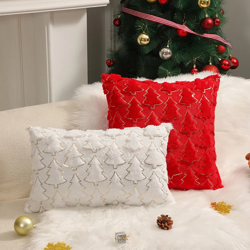 Decorative Christmas Tree Embroidered Sequin Sofa Cushion Covers Soft Fur Plush Cushion Cover Living Room Sofa Pillow Case Cover