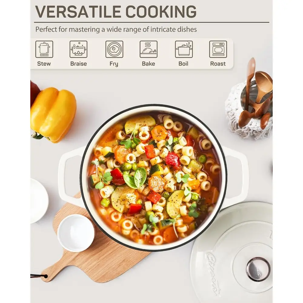 فرن هولندي من الحديد الزهر المطلي بالمينا، 6 كوارت، أبيض فاتح، آمن للفرن، مثالي لخبز الخبز والطهي، مع غطاء ومقابض مزدوجة