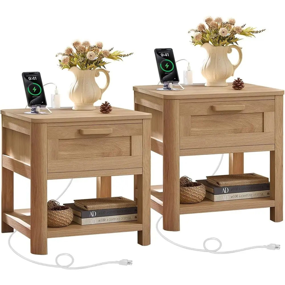 armhouse Night Stand Set o 2 with Charging Station, Natural | Wood Bed Side Table with Der & Open Storage Shel & Rounded s or Be