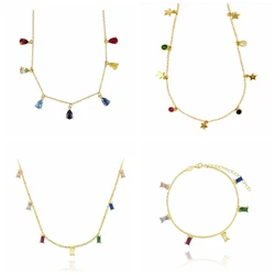 925 Sterling Silver Colorful Crystal Necklace for Women Waterdrop Round Square CZ Clavicle Chain Wedding Jewelry Birthday Gifts