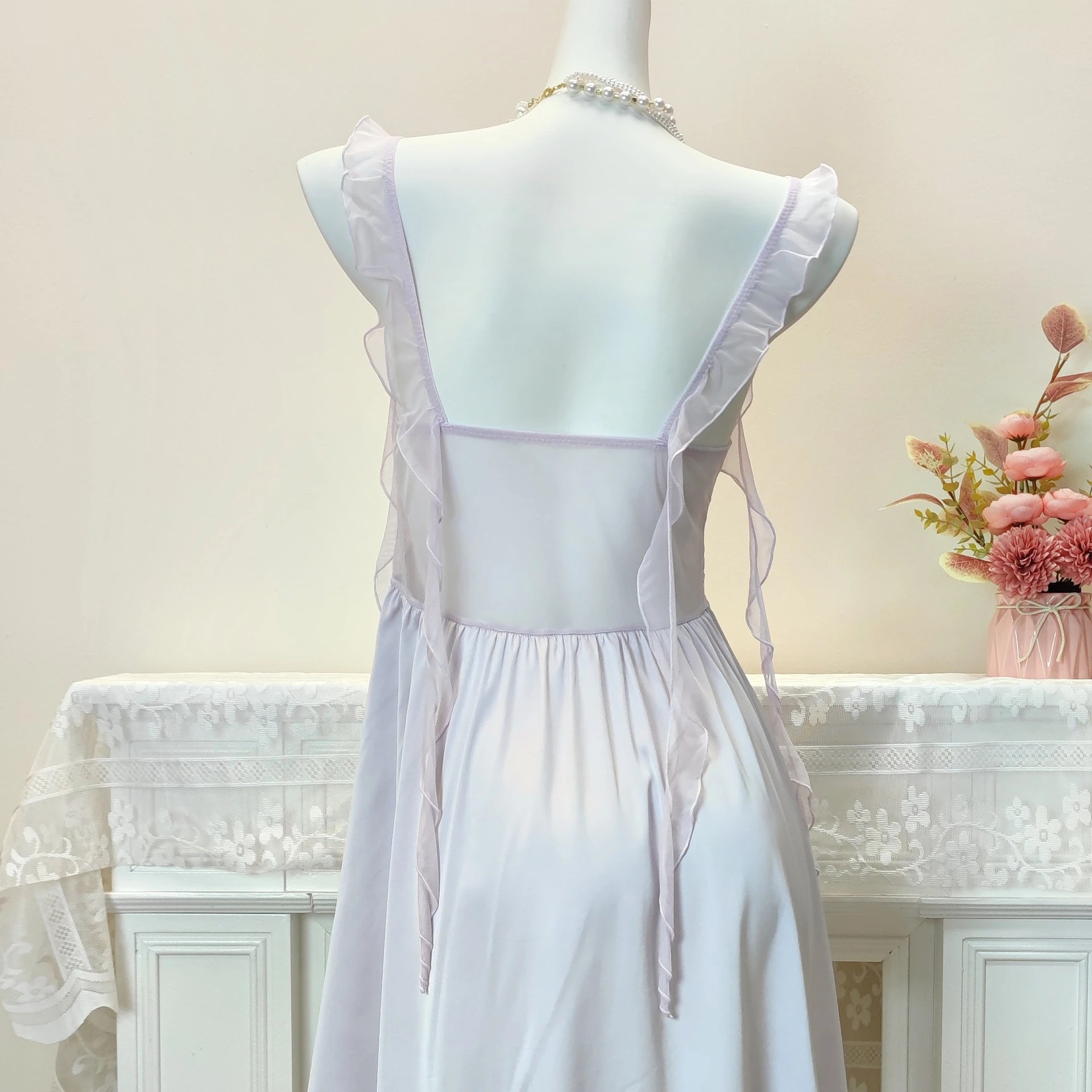 Sweet Ruffles Strap Nightdress Women French Court Style Satin Silky Nightwear Elegant Night Dress Woman Sleeveless Babydooll 4