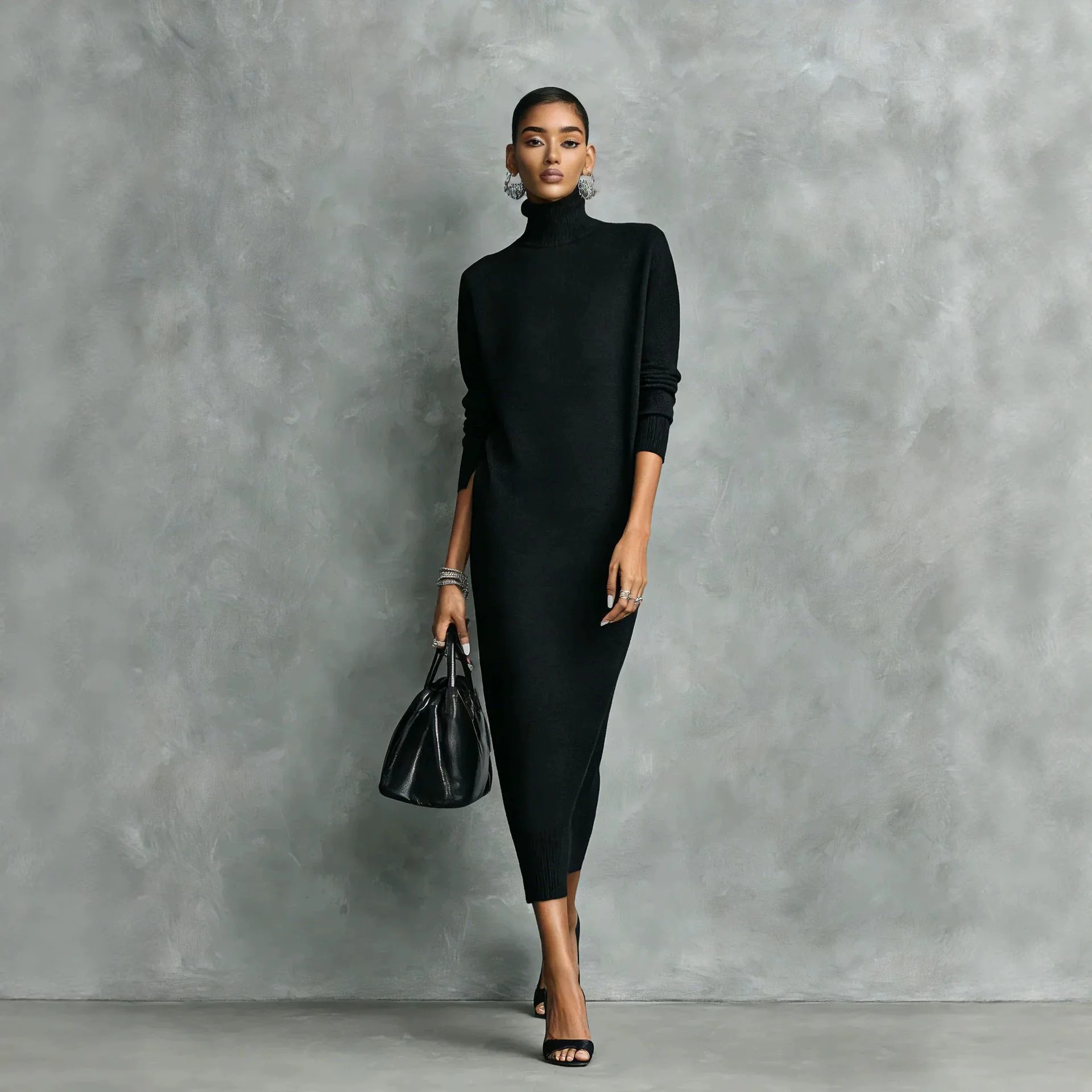 Fashion Turtleneck Long Sleeve Loose Mid-Length Dresses Women Casual Spring Summer Floral Maxi Dresses